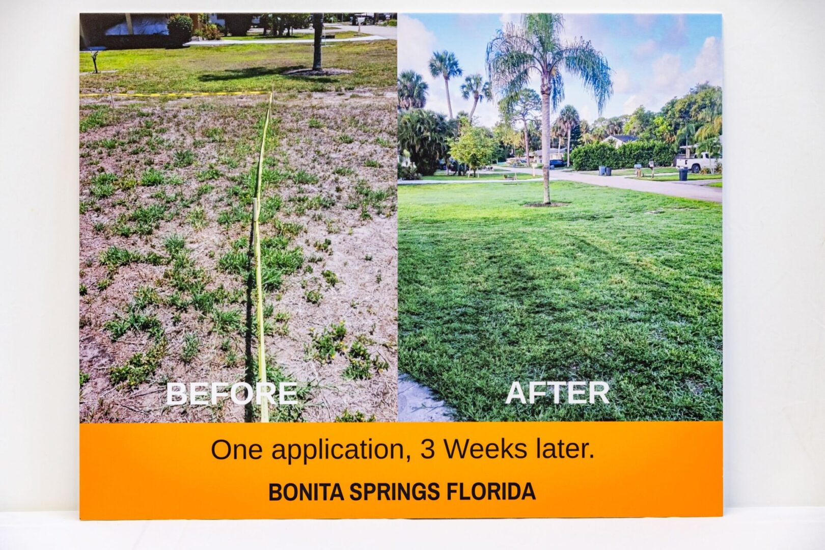 A before and after picture of the same lawn.