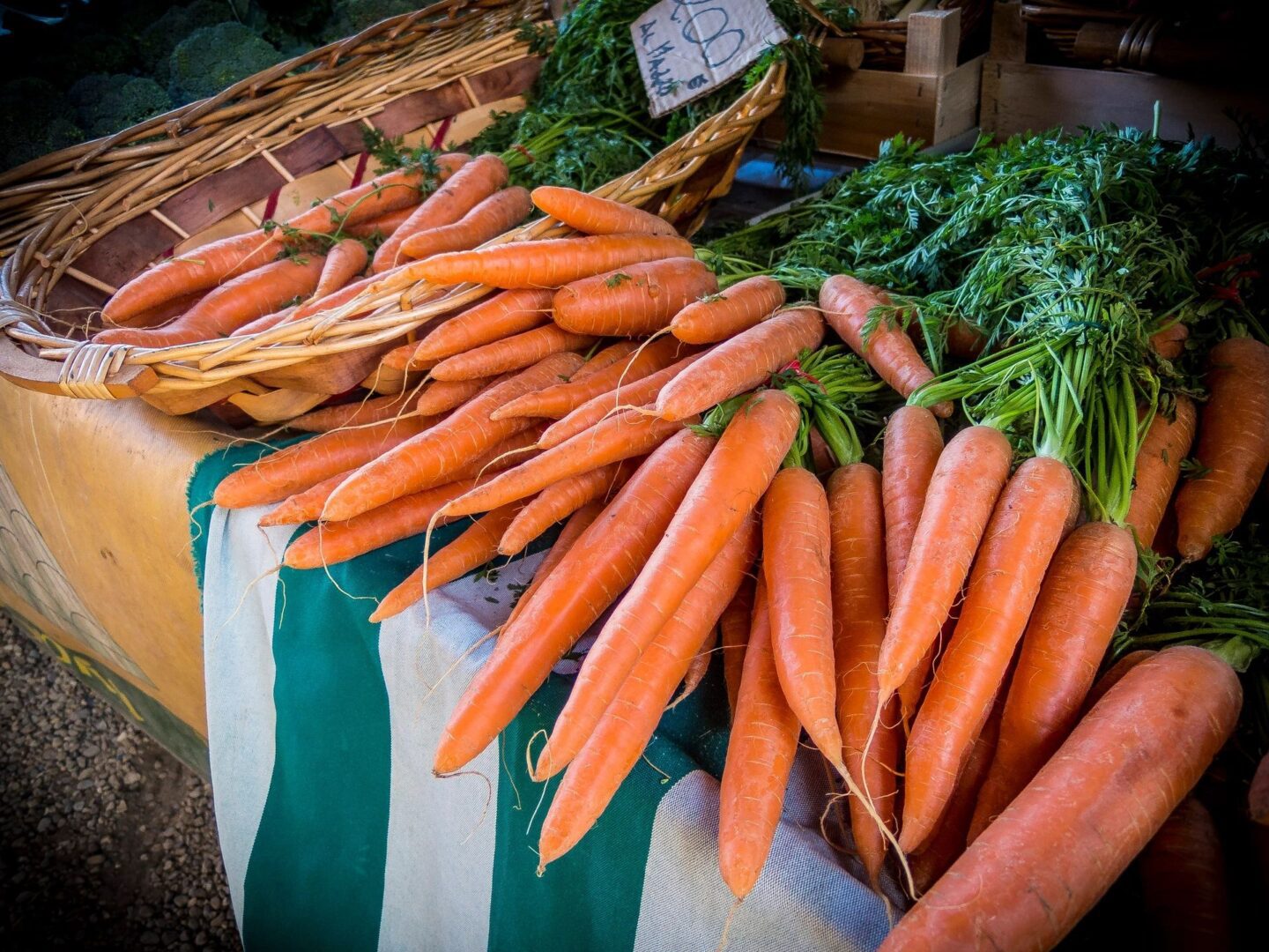 A table topped with lots of carrots next to a basket.